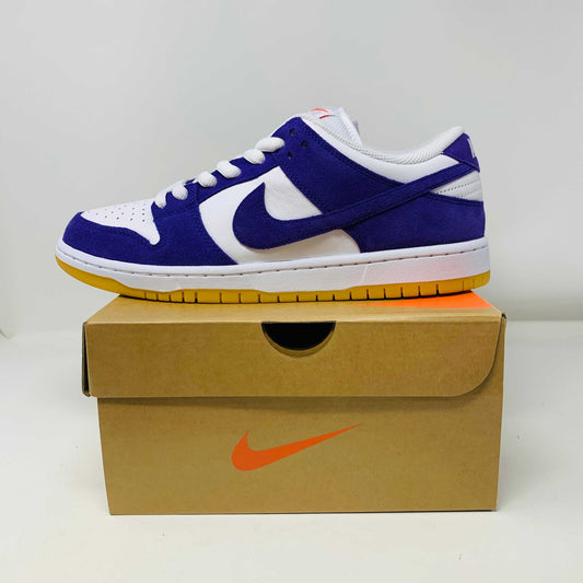 Nike SB Dunk Low Pro ISO Orange Label Court Purple sneakers with purple laces, 2023, brand new condition.