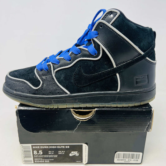 Nike SB Dunk High black and purple high-top sneaker with clean uppers on original box, size 8.5, 2016 model