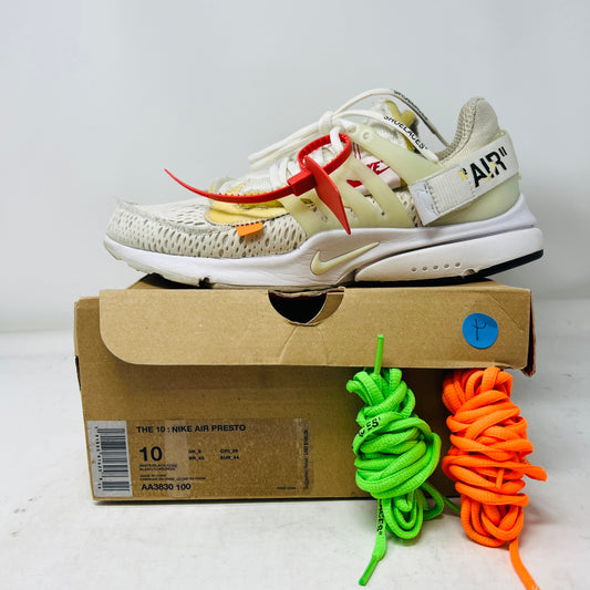 Nike Air Presto Off-White White 2018 with extra laces and zip tie, condition 8.25/10.