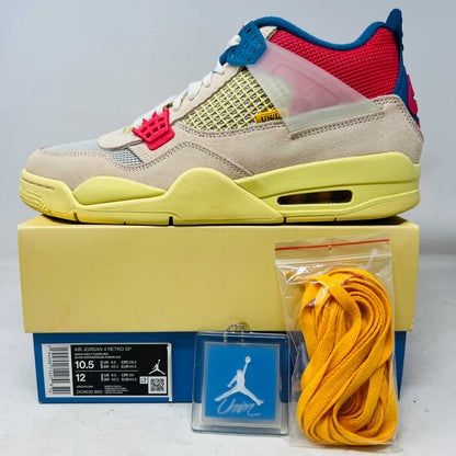 Jordan 4 Retro Union Guava Ice sneaker with extra yellow laces, original box, and keychain, 2020 model