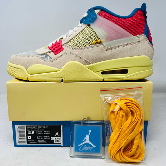 Jordan 4 Retro Union Guava Ice sneaker with extra yellow laces, original box, and keychain, 2020 model