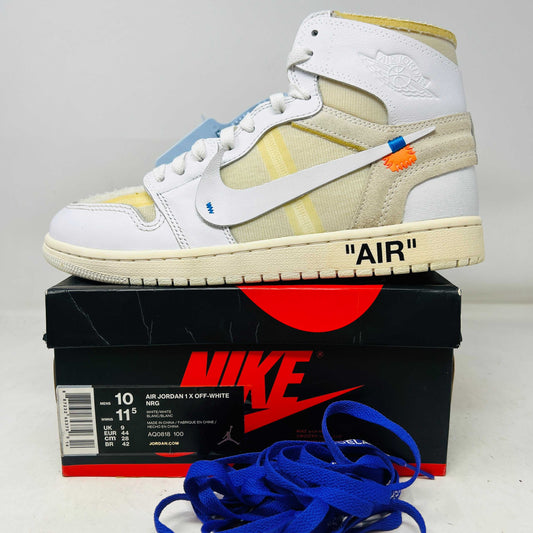 Jordan 1 Retro High Off-White Euro sneaker with white and beige tones, slight yellowing, extra laces, and zip tie on Nike box.