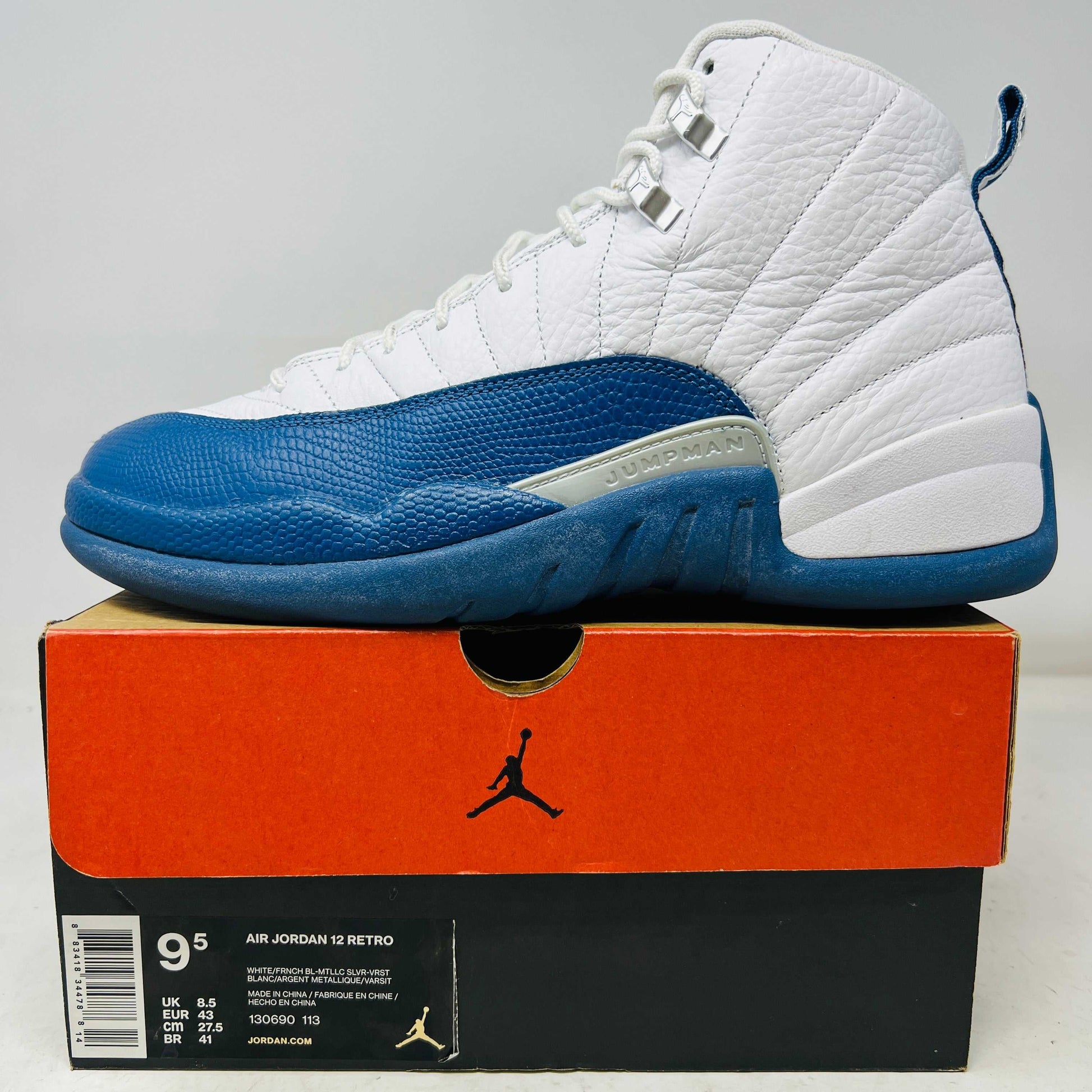Jordan 12 Retro French Blue sneaker on box, white and blue leather, 2016 model