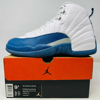 Jordan 12 Retro French Blue sneaker on box, white and blue leather, 2016 model