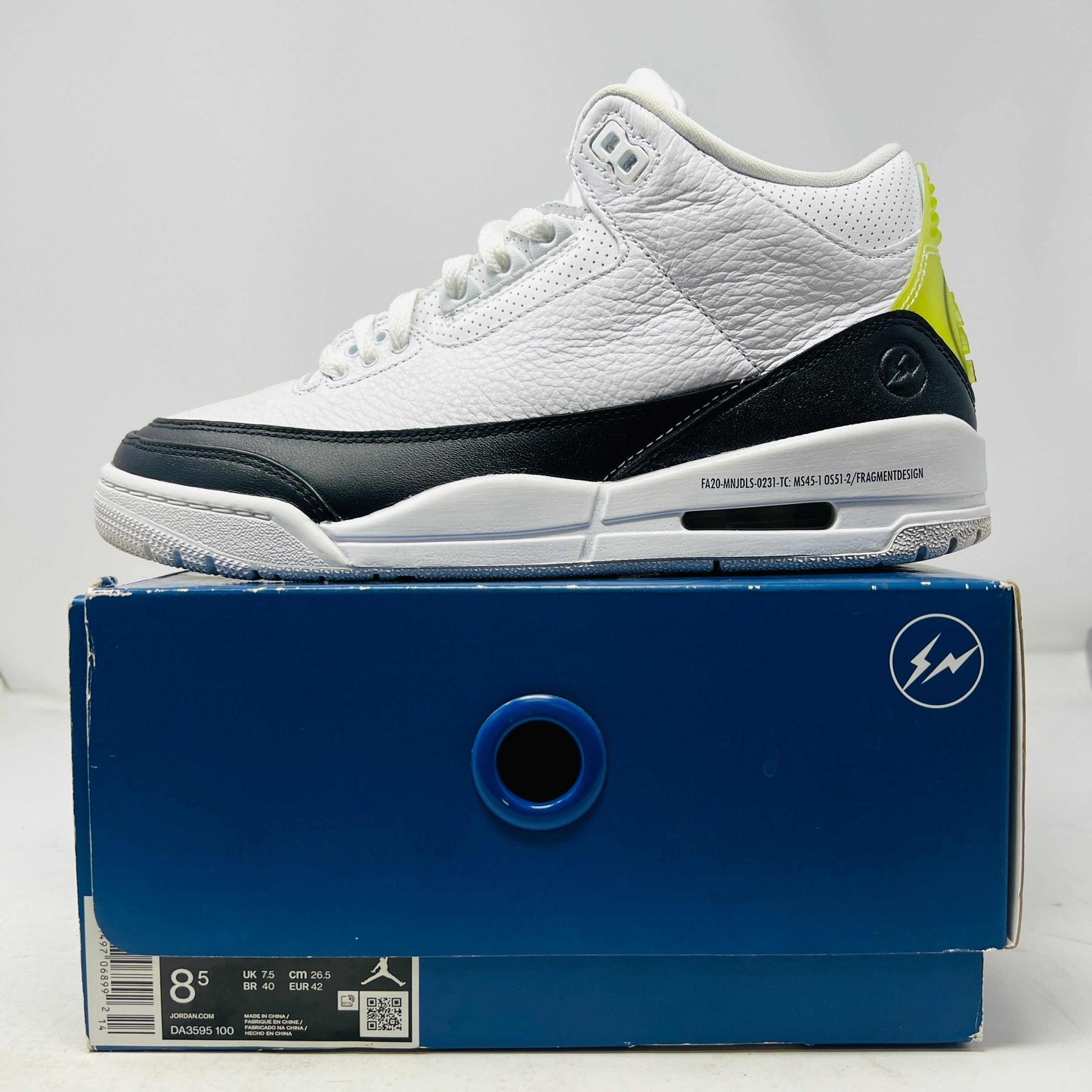 Jordan 3 Retro Fragment white black neon yellow sneaker on blue box 2020 model