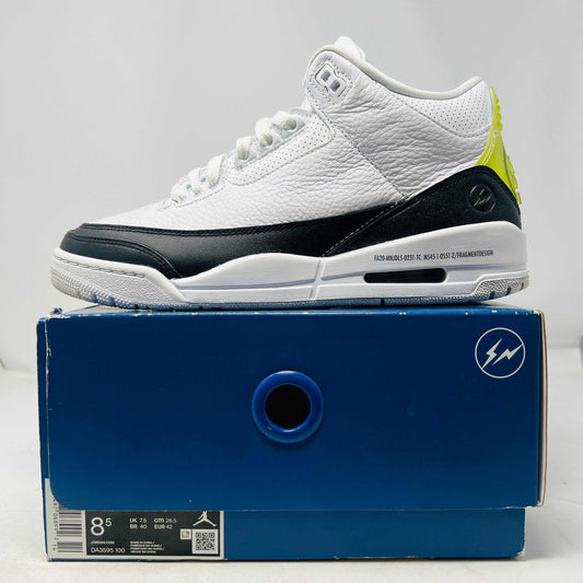 Jordan 3 Retro Fragment white black neon yellow sneaker on blue box 2020 model
