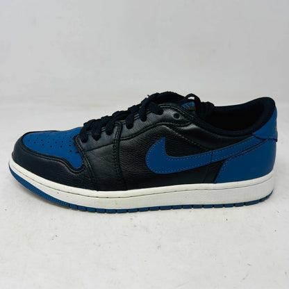 Jordan 1 Retro Low OG Mystic Navy sneaker side view with black and blue leather upper and white sole
