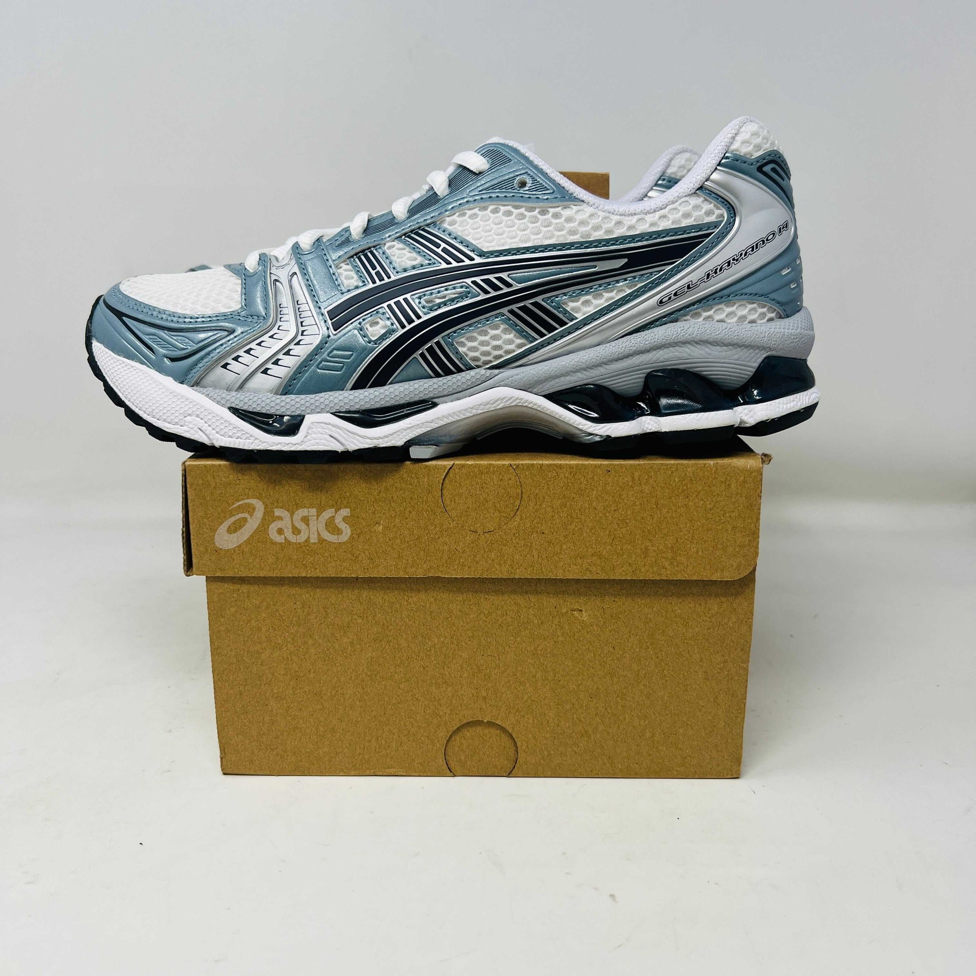 ASICS Gel-Kayano 14 in White Fjord Grey on box, brand new condition.