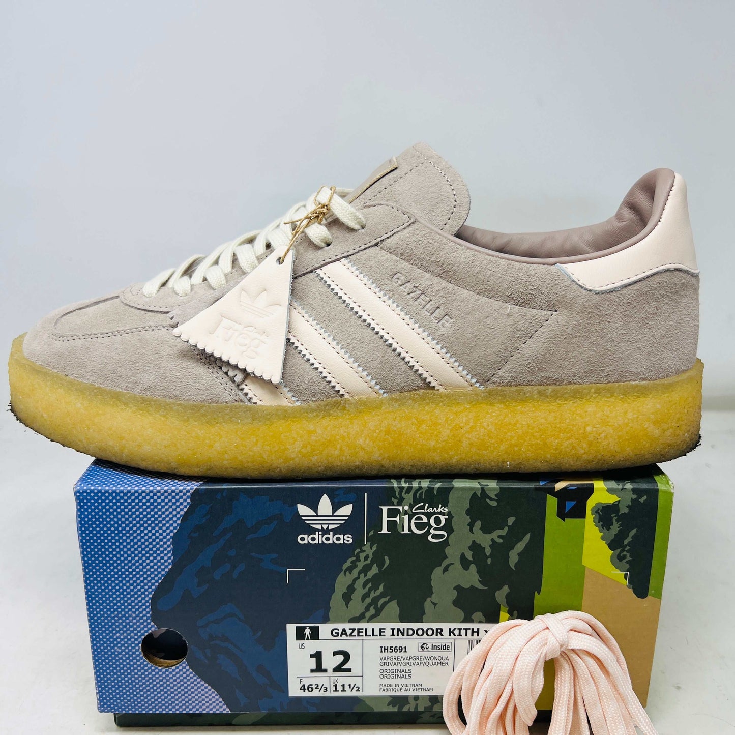 adidas Clarks 8th Street Gazelle Indoor sneaker in beige suede with yellow sole on branded box, includes extra laces, 2024 model