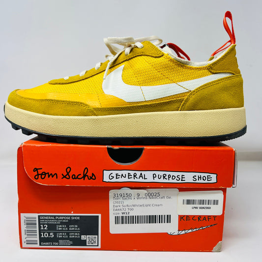 NikeCraft General Purpose Shoe Tom Sachs Dark Sulfur on box, 2022 model.