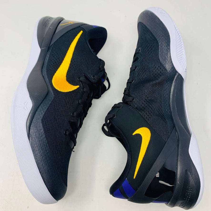 Black and purple Nike Kobe 8 Protro Lakers Away shoes with yellow swoosh, 2024 model.