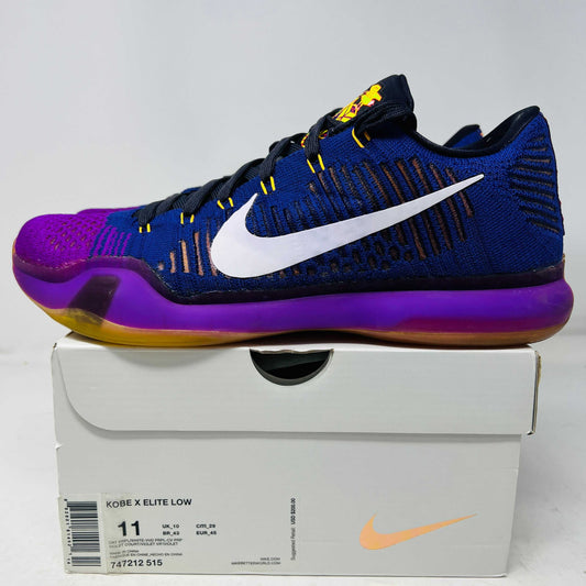 Nike Kobe 10 Elite Low basketball shoe in blue and purple with white Nike swoosh on box