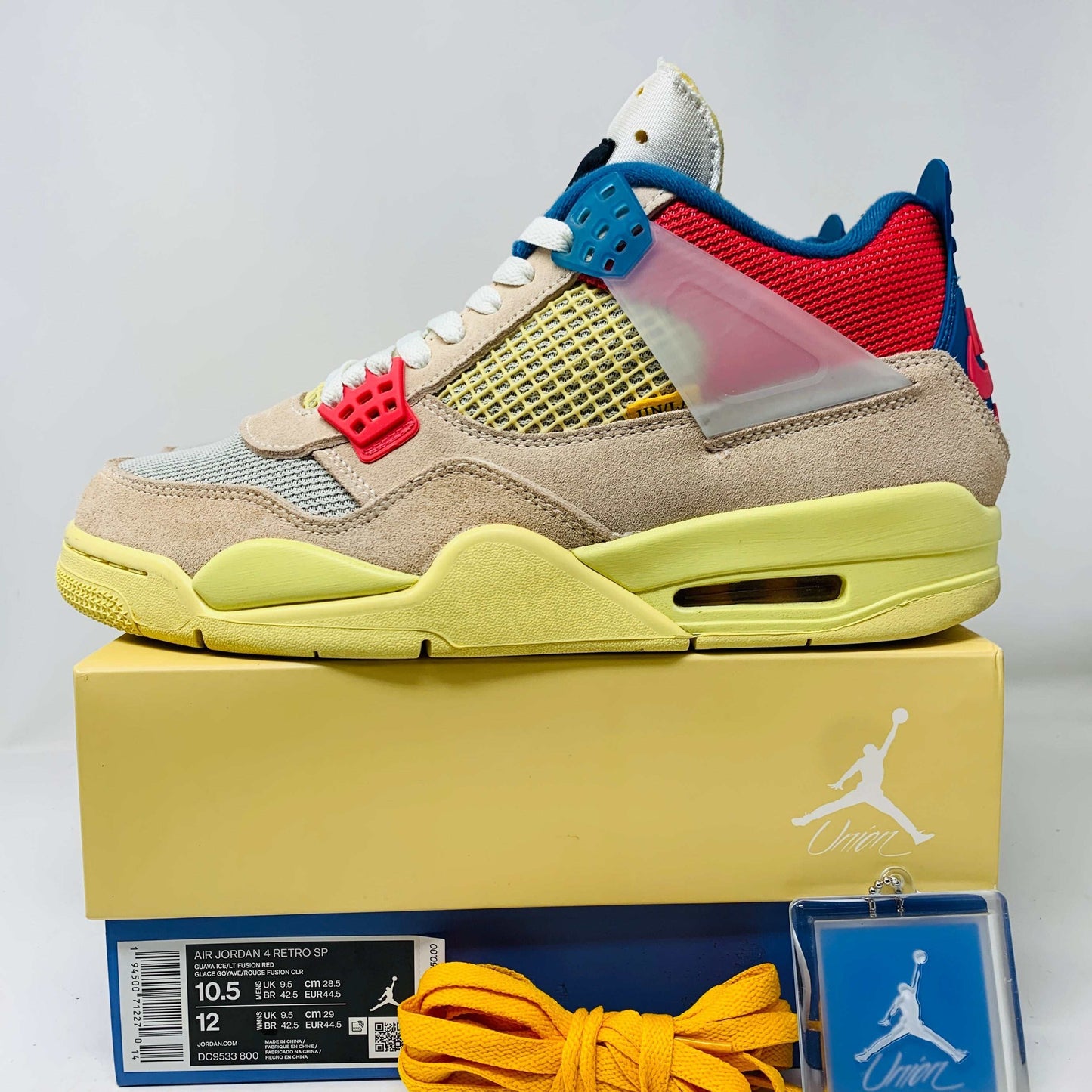 Jordan 4 Retro Union Guava Ice sneakers, size 10.5, good condition with original box and accessories, 2020 release.