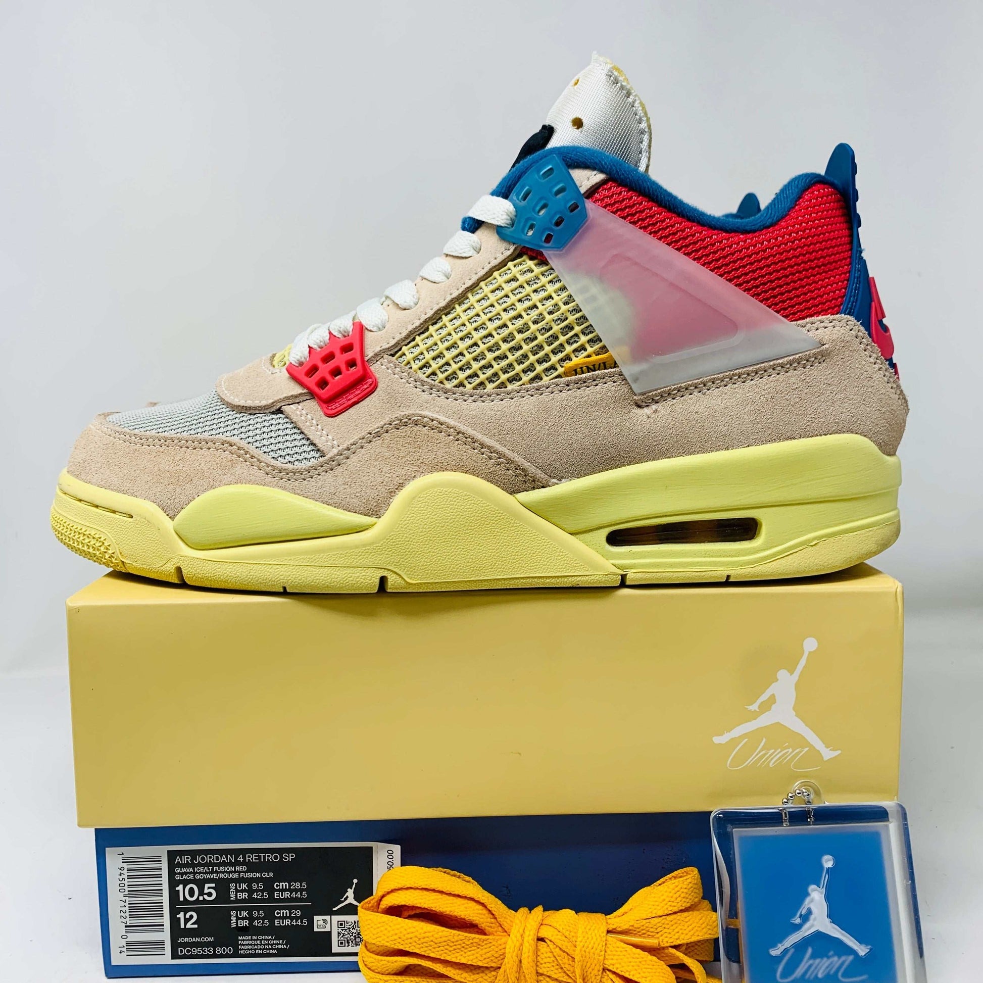 Jordan 4 Retro Union Guava Ice sneakers, size 10.5, good condition with original box and accessories, 2020 release.