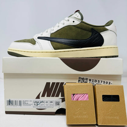 Jordan 1 Retro Low OG Travis Scott Medium Olive sneaker on Nike box with extra laces
