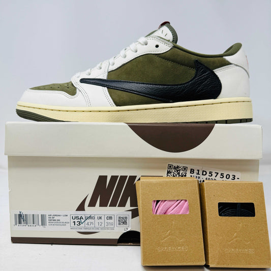 Jordan 1 Retro Low OG Travis Scott Medium Olive sneaker on Nike box with extra laces