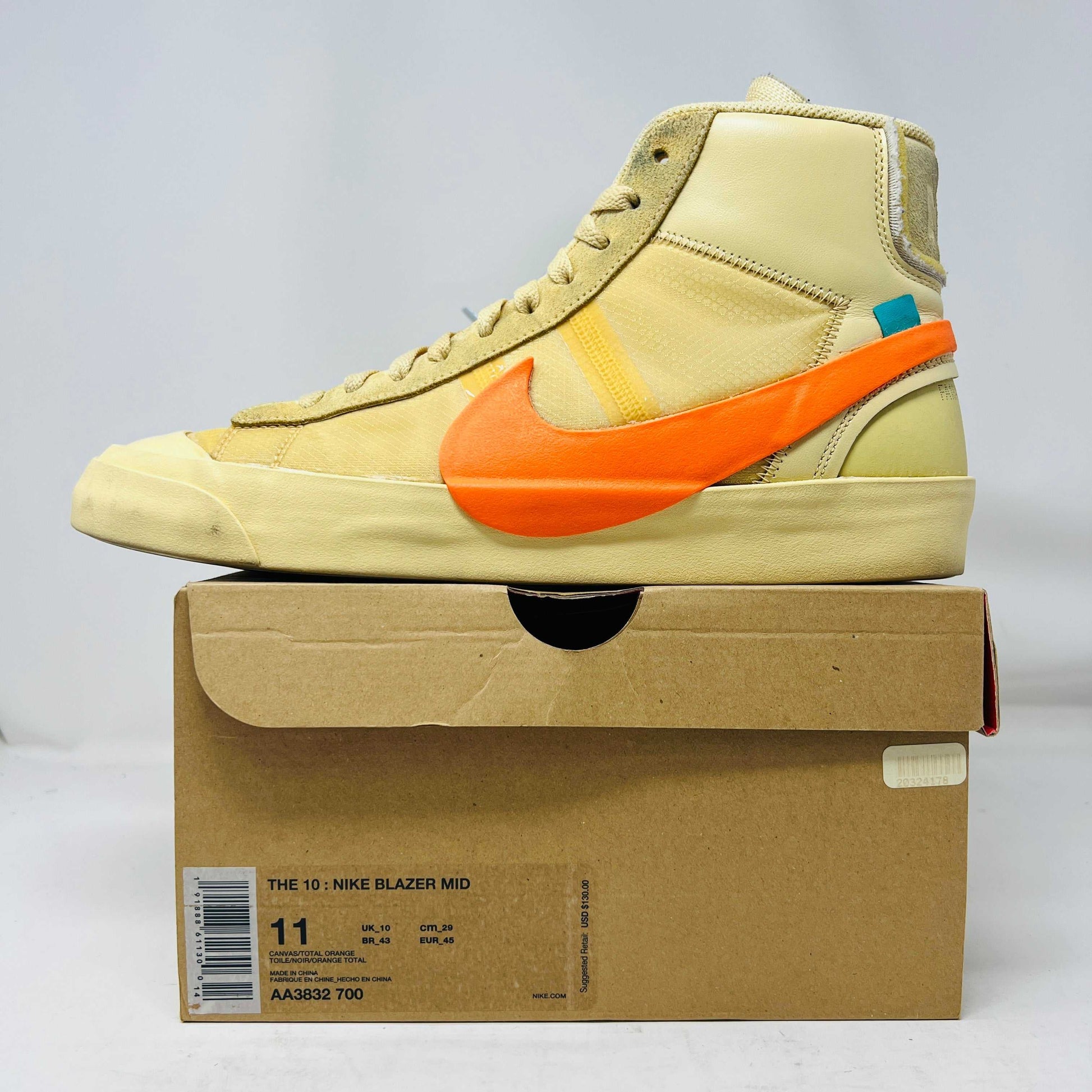 Nike Blazer Mid Off-White All Hallow's Eve sneaker in beige with orange swoosh on box, 2018 model