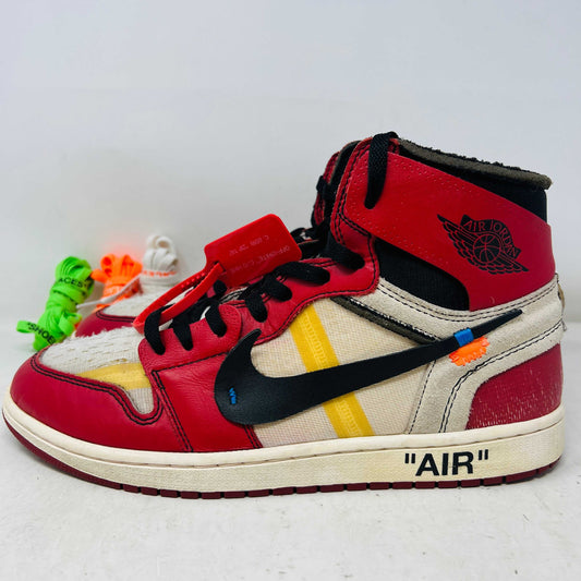Jordan 1 Retro High Off-White Chicago sneaker with red, white, and black design, extra laces, and zip tie, no box, 2017 model