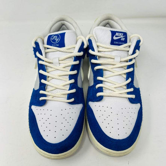 Nike SB Dunk Low Pro Fly Streetwear Gardenia sneakers, blue and white colorway, displayed on a shoebox.