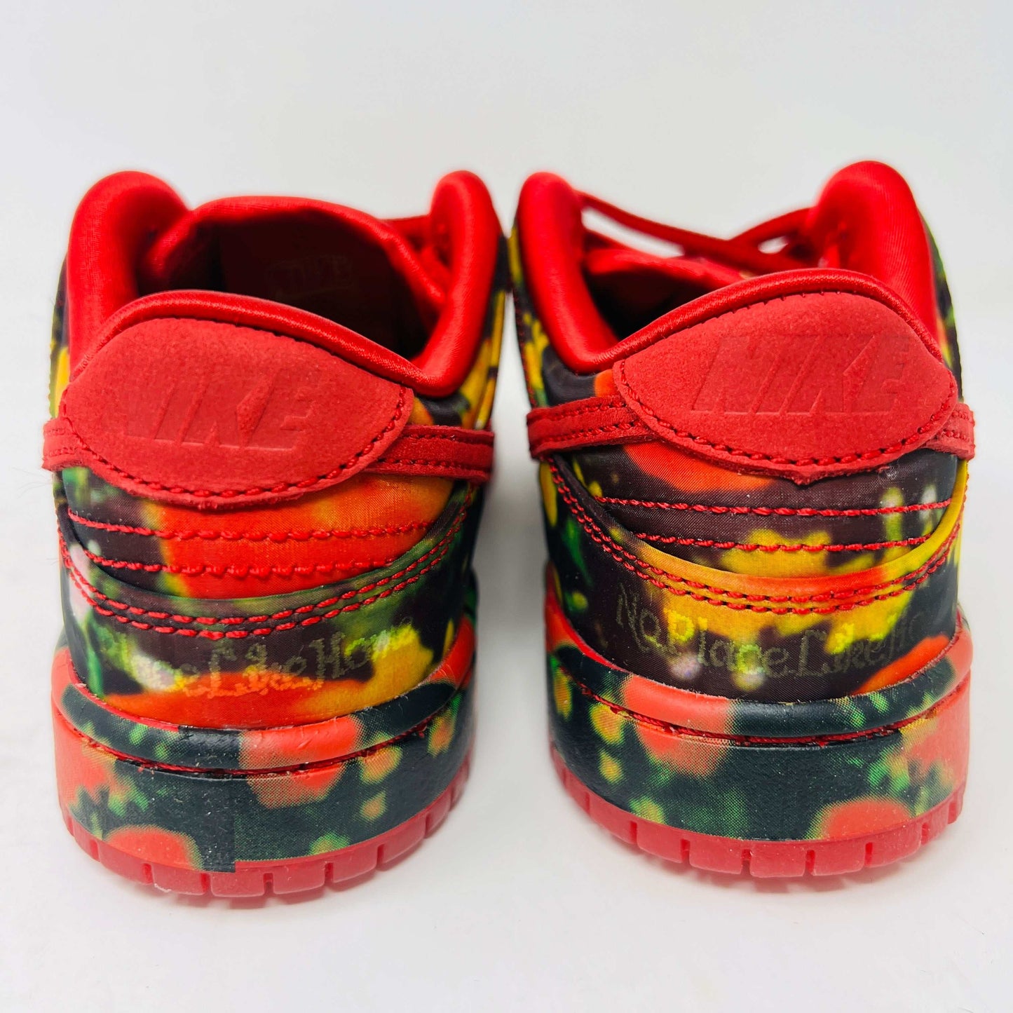 Nike SB Dunk Low The Wizard of Oz Poppy Field sneakers in red and green with poppy flower graphic.