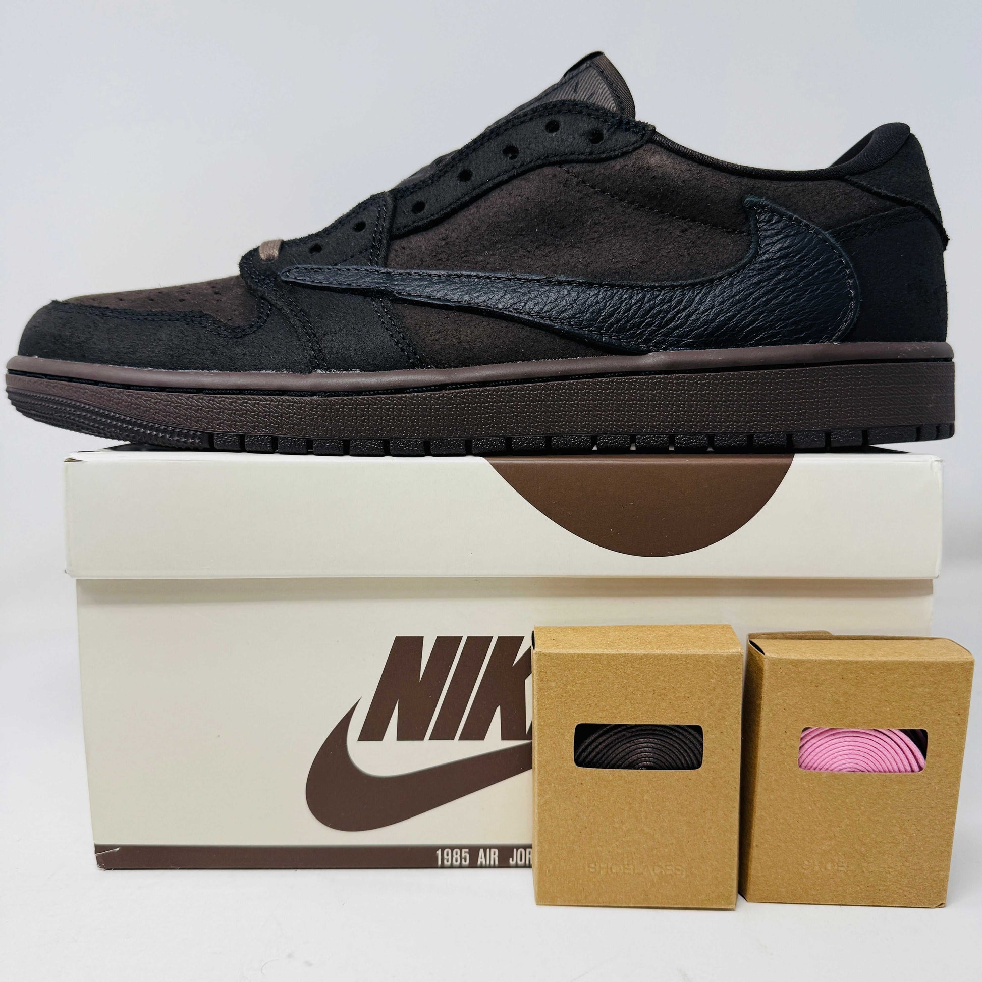 Jordan 1 Retro Low OG SP Travis Scott Velvet Brown sneakers, brand new with box and accessories, 2024 release.