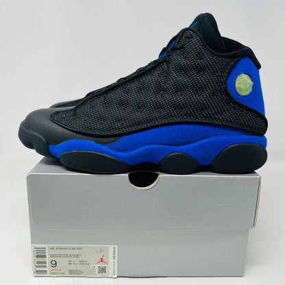 Jordan 13 Retro Black Hyper Royal basketball shoe side view on box, clean condition 2020 model