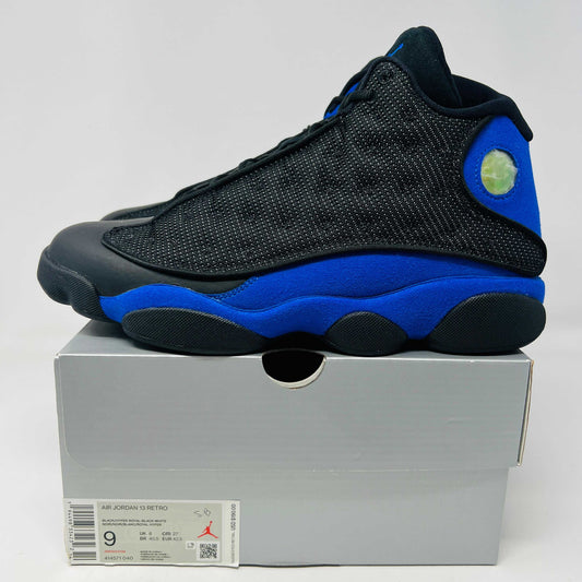 Jordan 13 Retro Black Hyper Royal basketball shoe side view on box, clean condition 2020 model
