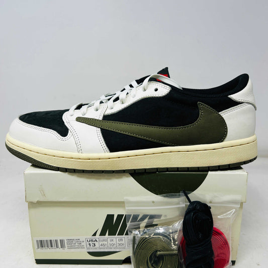 Jordan 1 Retro Low OG Travis Scott Olive women's sneaker side view on box with extra laces and minimal heel wear