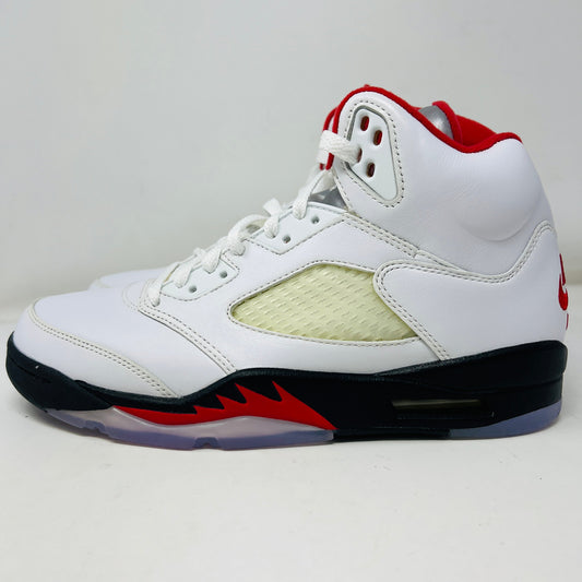 Jordan 5 Retro Fire Red Silver Tongue sneaker, brand new, 2020 edition, white with red accents.