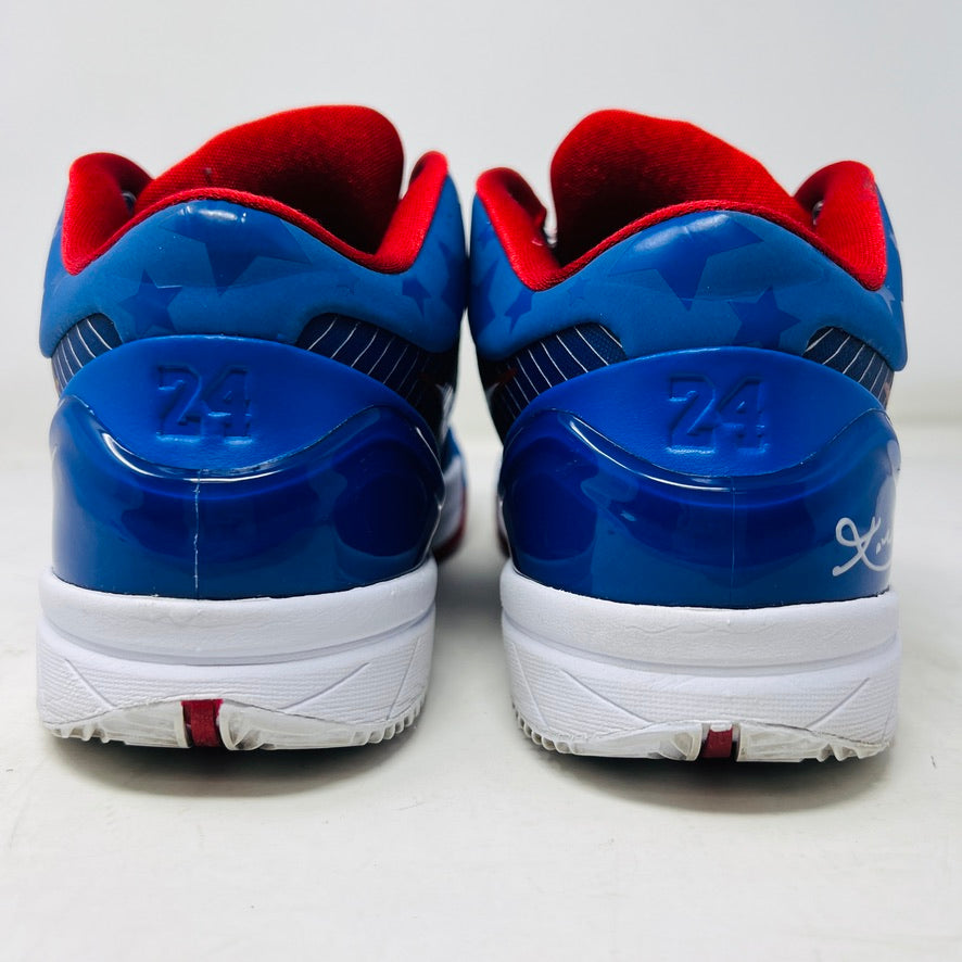 A Nike Kobe 4 Protro Philly (2024) sneaker, blue with red accents and a white swoosh, sits on a black Nike box in excellent condition. Perfect for general wear, it features pinstripes and ZOOMAIR on a white sole. The box shows size and model details.