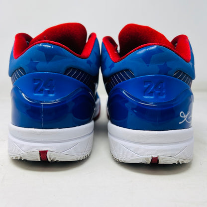 A Nike Kobe 4 Protro Philly (2024) sneaker, blue with red accents and a white swoosh, sits on a black Nike box in excellent condition. Perfect for general wear, it features pinstripes and ZOOMAIR on a white sole. The box shows size and model details.