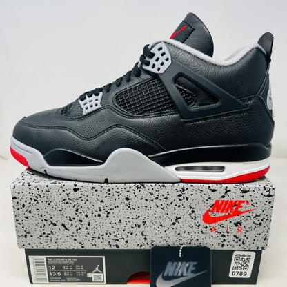 Jordan 4 Retro Bred Reimagined sneaker in black and red with clean uppers and original box accessories 2024 edition