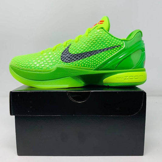 Nike Kobe 6 Protro Grinch 2020 sneaker in vibrant green with a black Nike swoosh on a black box.