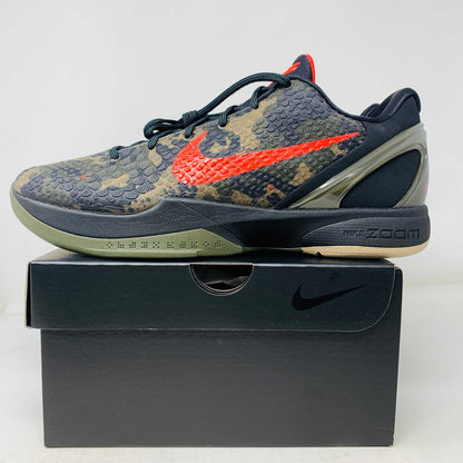 Nike Kobe 6 Protro Italian Camo (2024) sneaker with red Swoosh on display box.