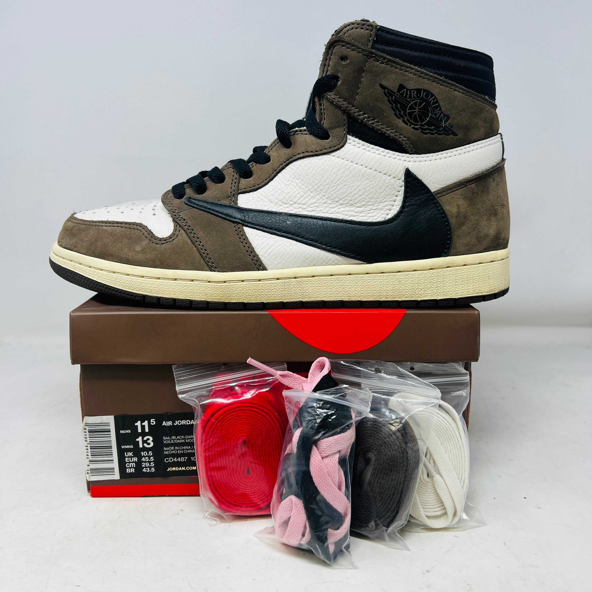 Jordan 1 Retro High OG SP Travis Scott Mocha sneaker with extra laces and original box