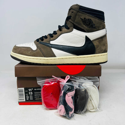 Jordan 1 Retro High OG SP Travis Scott Mocha sneaker with extra laces and original box