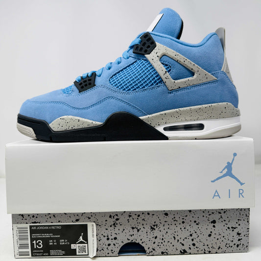 Jordan 4 Retro University Blue sneaker with clean uppers and speckled midsole on white and speckled box
