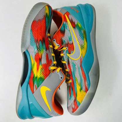 The Nike Kobe 8 Protro Venice Beach (2024) sneakers, featuring vibrant red, blue, yellow, and green brushstroke patterns with clean uppers and yellow laces paired with an orange lining, boast excellent condition at 8.5/10. A distinct logo adorns the gray tongue as they lay side by side on a white background.