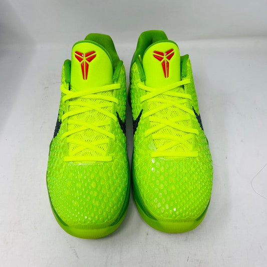 Nike Kobe 6 Protro Grinch 2020 sneakers, clean uppers, light wear, red laces, vibrant green color.