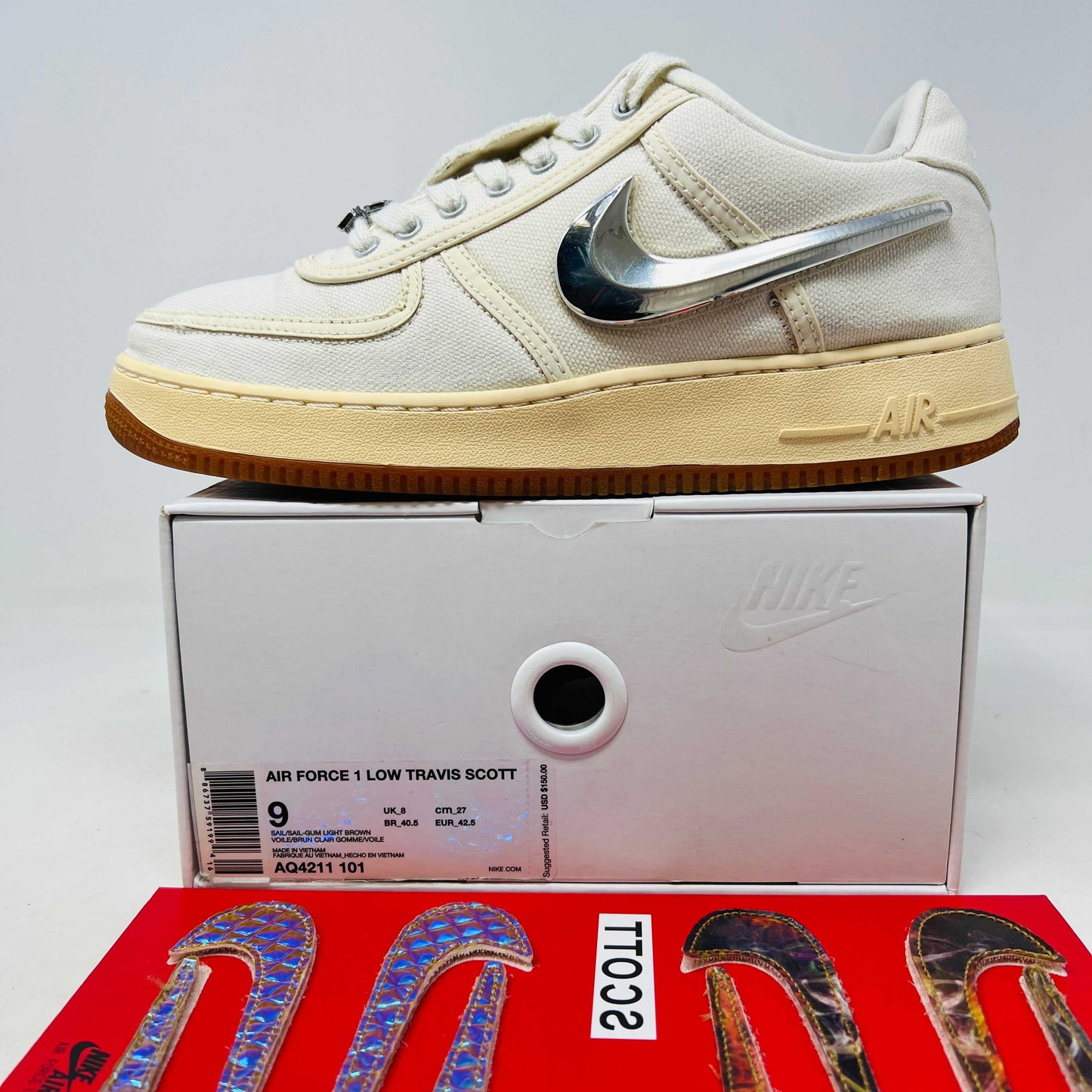 Nike Air Force 1 Low Travis Scott Sail sneaker with clean uppers, extra swooshes, and original box.