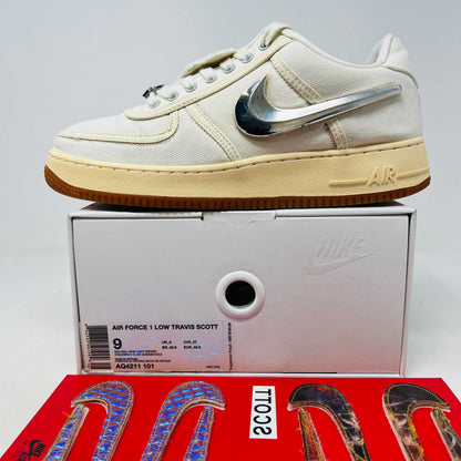 Nike Air Force 1 Low Travis Scott Sail sneaker with clean uppers, extra swooshes, and original box.
