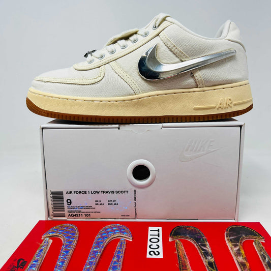 Nike Air Force 1 Low Travis Scott Sail sneaker with clean uppers, extra swooshes, and original box.
