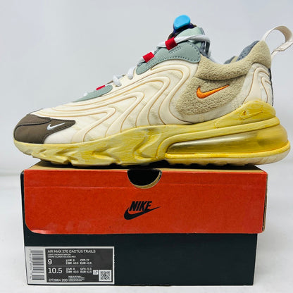 Nike Air Max 270 React ENG Travis Scott Cactus Trails sneaker with clean uppers, light wear, displayed on original box, 2020 model.