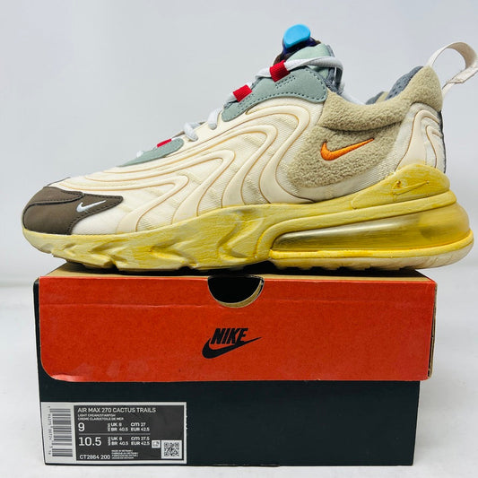 Nike Air Max 270 React ENG Travis Scott Cactus Trails sneaker with clean uppers, light wear, displayed on original box, 2020 model.