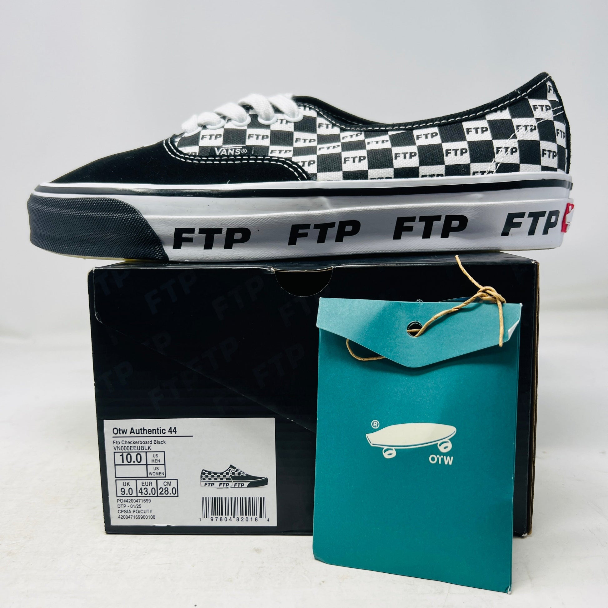 Vans OTW Authentic 44 FTP Checkerboard black and white sneakers with FTP branding on sole and box, size 10, 2025 model
