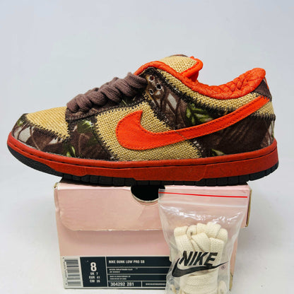Nike SB Dunk Low Reese Forbes Hunter sneaker with camouflage and orange accents on box with extra white laces.