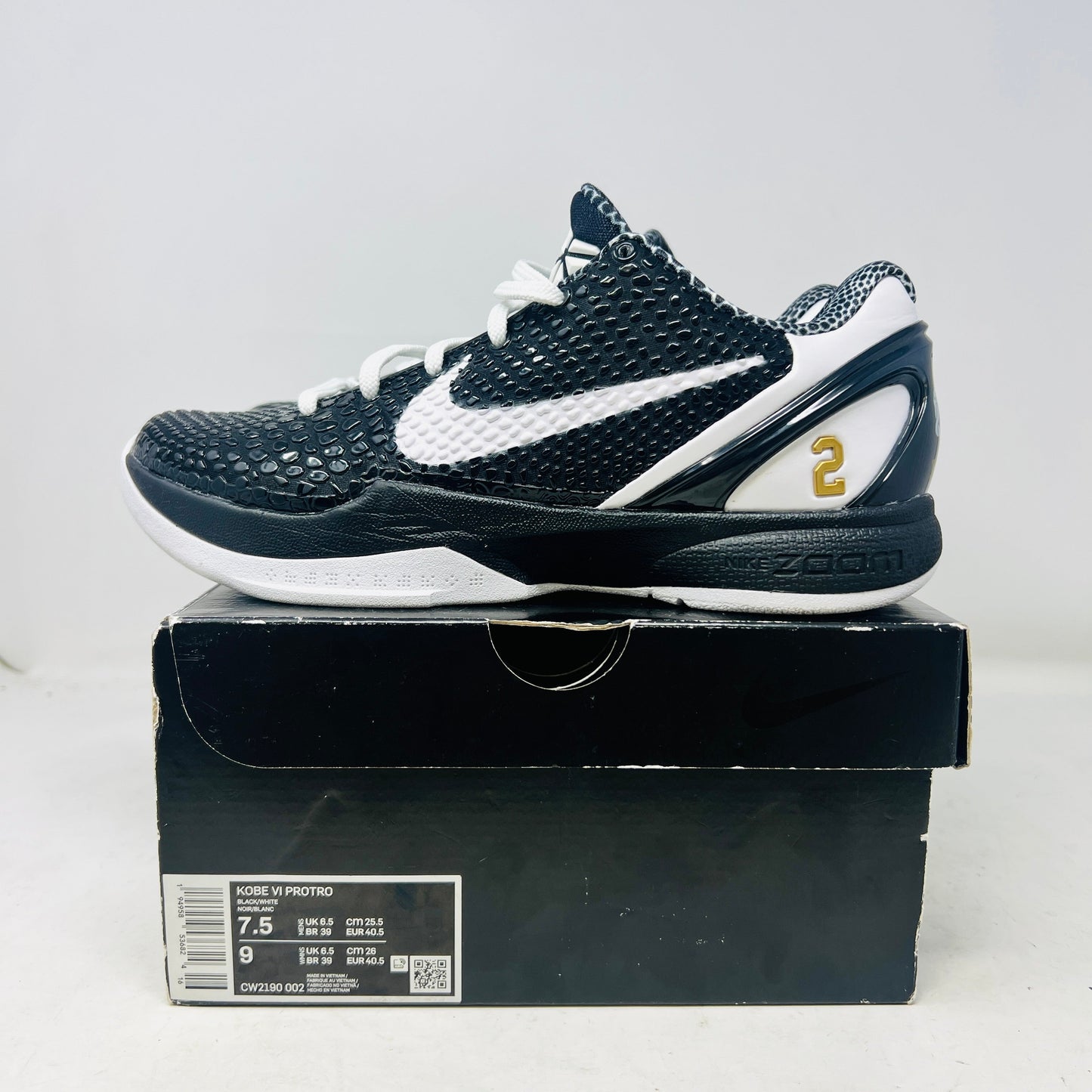 Nike Kobe 6 Protro Mambacita Sweet 16 black and white basketball shoe on box 2022 model size 7.5 US with clean uppers and good tread condition