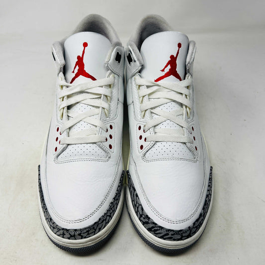 Jordan 3 Retro White Cement Reimagined sneaker on Nike box, 2023 release.