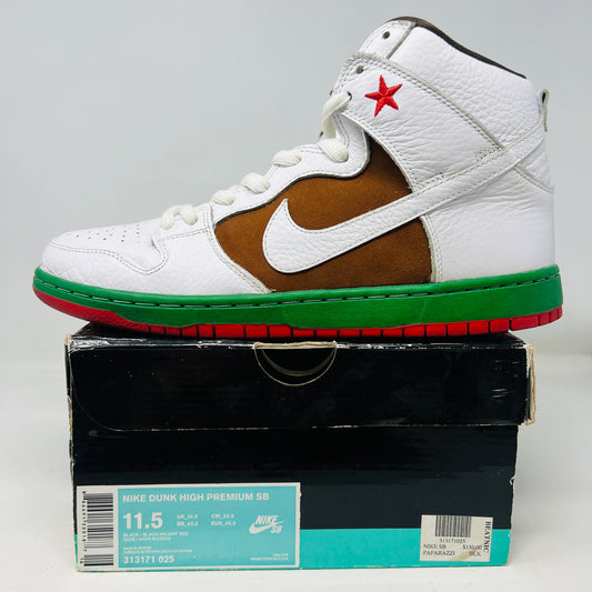Nike SB Dunk High Cali 2014 sneaker with white and brown upper, green sole, and red accents, placed on a box.