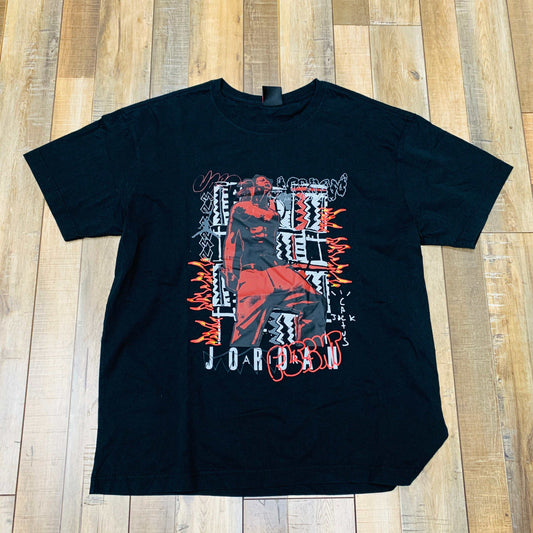 Travis Scott MJ 2 Tee Black preowned shirt with graphic design.